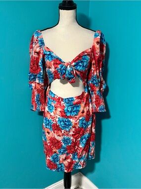 NWT AFRM L Kellen Rouge Red Blue Floral Print Cut Out Mini Dress